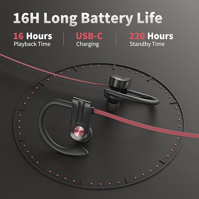 JOYWISE Wireless Bluetooth 5.3 Wireless Headphones with 16Hrs Long Battery, Stereo IPX7 Waterproof in-Ear Earphones, Noise Cancelling Headphones for Running, Black&Pink-StrideForce Fitness