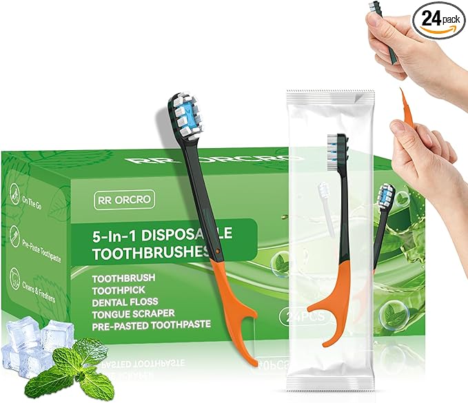 24Pack Disposable Toothbrush with Pre-Pasted Toothpaste 5-in-1 Mini Travel Toothbrush Deep Clean with Toothpick, Flosser, Tongue Scraper for Superior Oral Hygiene, Individually Wrapped