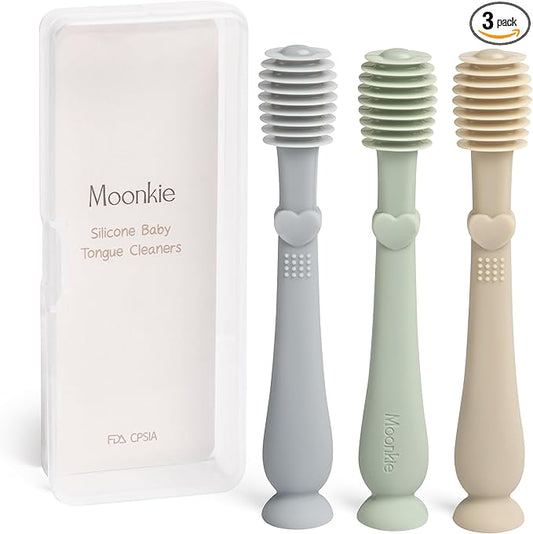 Moonkie Baby Tongue Cleaner, Toddler Toothbrush, Baby Oral Cleaner Newborn Kit for 3 Months+, 3 Pcs (Blue/Mint/Sand)