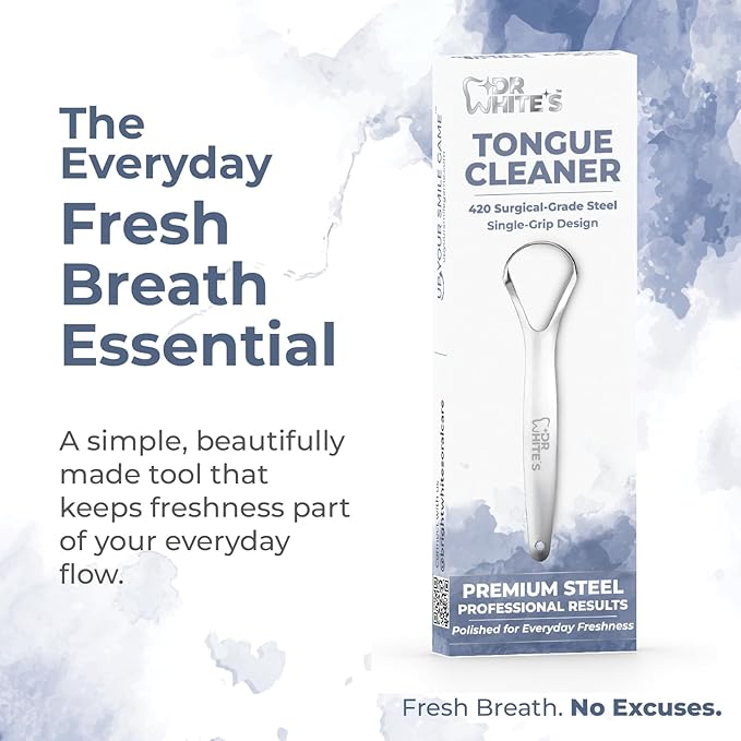 Dr. White’s Precision Tongue Care™ Collection – Single Grip Tongue Cleaner, Premium 420 Surgical-Grade Stainless Steel Tool for Daily Oral Care