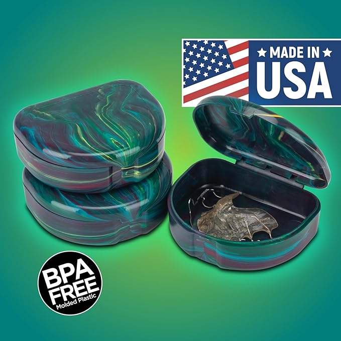 Practicon Marble Retainer Cases, Orthodontic Aligner Case, Mouth Guard Holder (3 Pack) (Dark Green)