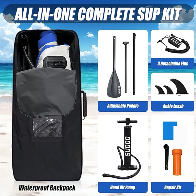 Inflatable Stand Up Paddle Board 10‘x30‘‘- Ultra-Light SUP with Backpack, Pump, Paddle, Coil Leash, 3 Fins, Repair Kit, Stable Design, Non-Slip EVA Deck for Adults & Youth-StrideForce Fitness