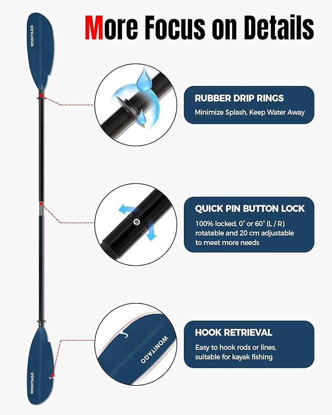 Angler Kayak Paddle with Fiberglass Shaft and Plastic Blade, Floating Adjustable Fihsing Kayak Oar, 220-240 cm/86-94", 240-260 cm/94-102", 260-280 cm/102-110"-StrideForce Fitness