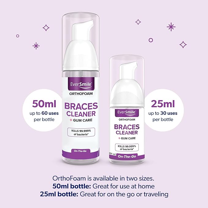 EverSmile OrthoFoam Braces Cleaner — Brushable Foam Whitens Teeth, Eliminates Bacteria, Fights Plaque and Bad Breath – Cleans Under Metal, Ceramic, Clear Brackets and Wires – 50ml (4 Pk)