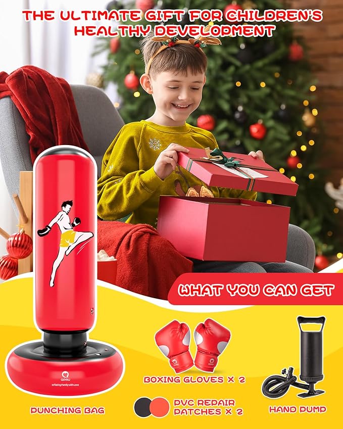 QPAU Kids Punching Bag Toy with Boxing Gloves, 66 Inch Larger Stable Kids Inflatable Boxing Bag Set, Gifts for Boys & Girls Age 6-12, for Practicing Karate, Taekwondo, MMA-StrideForce Fitness