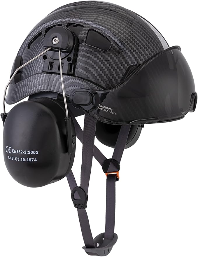 LOHASPRO Arborist Forestry Helmet Safety Hard Hat with Visor and Ear Muffs Carbon Fiber Hard Hat for Logging Chainsaw Helmet Mowing(Black Graphite Pattern with Smoked Visor+Earmuffs)-StrideForce Fitness