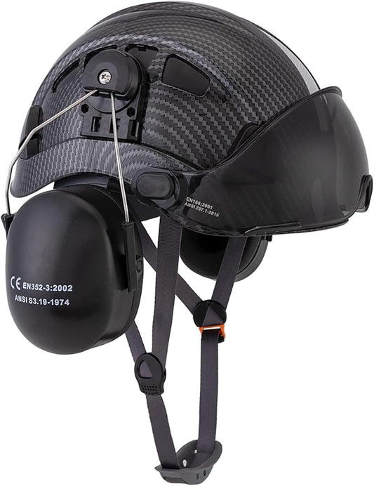 LOHASPRO Arborist Forestry Helmet Safety Hard Hat with Visor and Ear Muffs Carbon Fiber Hard Hat for Logging Chainsaw Helmet Mowing(Black Graphite Pattern with Smoked Visor+Earmuffs)-StrideForce Fitness