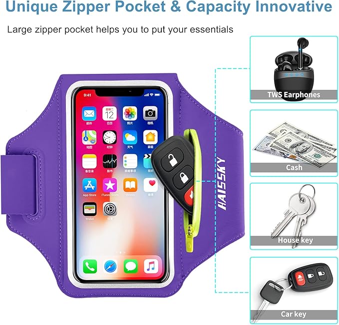 HAISSKY Cell Phone Running Armband with Airpods Zipper Pocket Armband Case Running Holder for iPhone 16/15/ 14/13 / 12 /11Pro Max,Galaxy S20 S10,Sweatproof Arm Band with Card/Key Bag-StrideForce Fitness