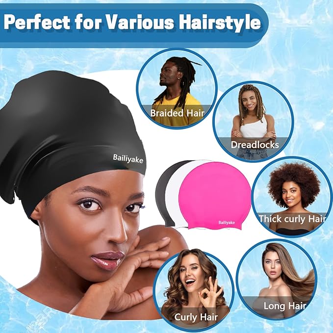 3 Pack Extra Large Swim Cap for Braids & Dreadlocks - Waterproof Silicone Swim Hat for Women with Long Thick Hair, Protective Swim Cap Cover Ears for Swimming, Shower, Bathing-StrideForce Fitness