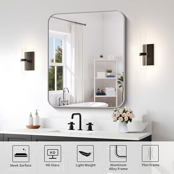 FORBATH 30x36 Inch Silver Bathroom Mirror for Over Sink, Large Rectangular Wall Mirror with Metal Frame, Rounded Corners for Bathroom, Bedroom, Entryway Decor (Horizontal or Vertical)-StrideForce Fitness