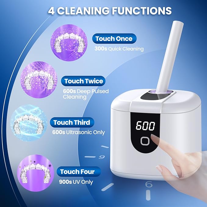 45kHz Ultrasonic Retainer Denture Cleaner Machine, Fast Cleaning for Aligners, Mouth Guards, Braces, Toothbrush Heads & Jewelry, 200ML Dental Cleaning Pod, 4 Modes & Digital Timer, White
