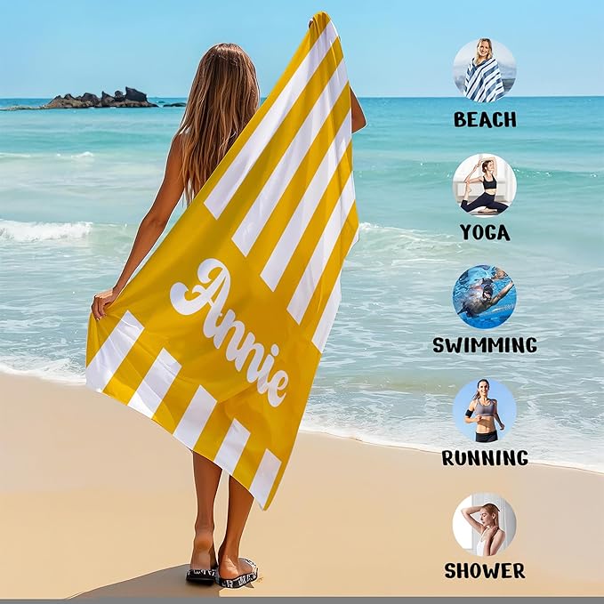 JML Personalized Beach Towel with Name, Custom Cabana Stripe Beach Towel, Customized Microfiber Pool Towel, Quick Dry & Absorbent Swim Towel for Adult,Mother's Day, Birthday, Summer Holiday,Vacation-StrideForce Fitness