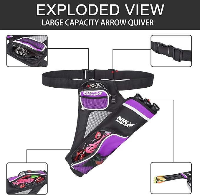 Archery Arrow Quiver Holder, 3-Tubes Hip Quiver Arrow Bag with Adjustable Belt for Youth & Adults Arrows Hunting Target Practicing-StrideForce Fitness