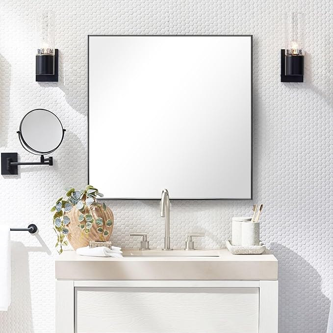 28x28 Inch Black Bathroom Mirror for Wall, Aluminum Frame Rectangle Rectangular Vanity Mirror, Modern Large for Bedroom, Living Room, Horizontal or Vertical-StrideForce Fitness