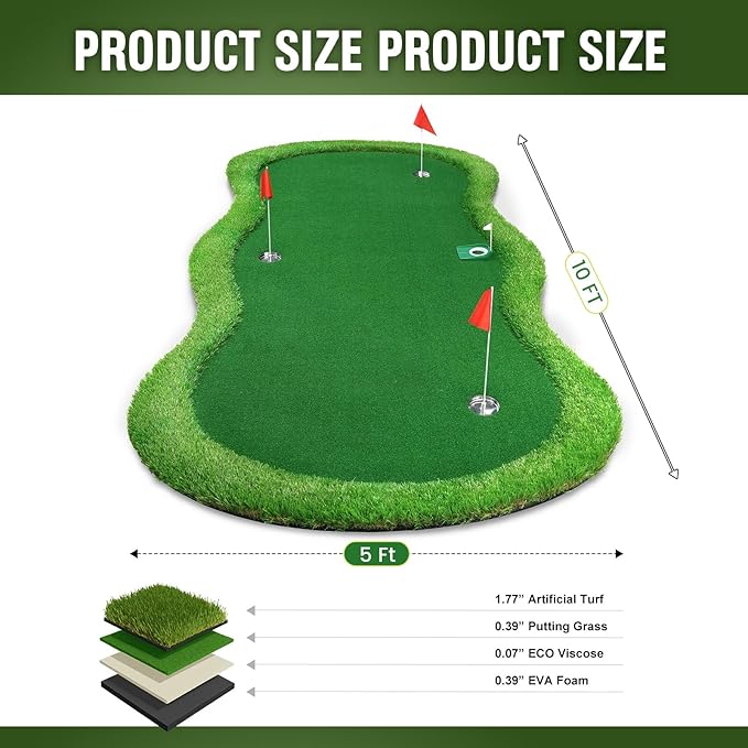 Thickened Realistic Golf Putting Green, 5 x 10ft Professional Golf Practice Training Mat for Indoor Outdoor, 3 Holes, Long Challenging Game Green Mat for Children with Training Aid Put Cup-StrideForce Fitness
