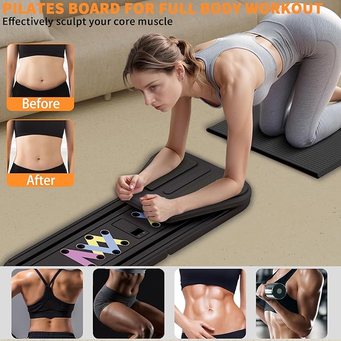 Pilates Reformer Board, 6 in 1 Portable & Foldable Pilates Reformer Set with Resistance Bands, Pilates Board for Home Workout, Multifunctional Abdominal Board-StrideForce Fitness