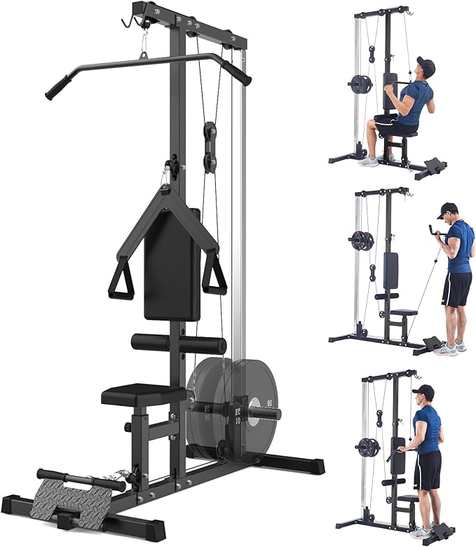 LAT Pulldown Machine, Multi-Functional Cable Machine with High and Low Pulley Station, Row Cable Machine Home Gym with Leg Support, Tricep Workout Equipment-StrideForce Fitness