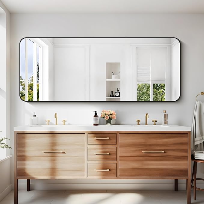 60" x 24"Bathroom Mirror, Matte Black Wall Mirror with Metal Frame, Decorative Rectangular Vanity Mirror for Bedroom Bathroom Living Room Entryway (Horizontal/Vertical)-StrideForce Fitness