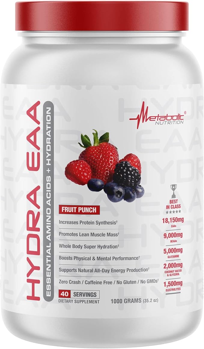 Metabolic Nutrition Hydra EAA, 1000g of Essential Amino Acids + Hydration, EAAs, BCAAs, Glutamine, Electorlytes, Coconut Water & Glycerol, Amazing Flavors (Fruit Punch, 1000g)-StrideForce Fitness