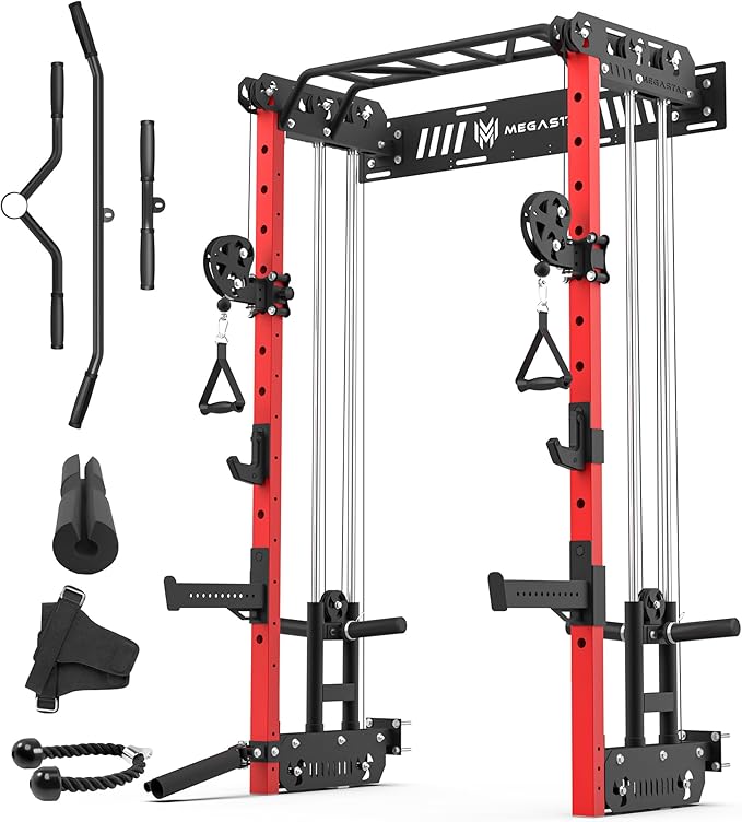 Wall Mounted Power Rack – 1600LB Capacity Compact Commercial Home Gym with Dual Cable Crossover, LAT Pulldown, Multi-Grip Pull-Up Bar & Landmine Attachment for Small Spaces, P67 Striker Red-StrideForce Fitness