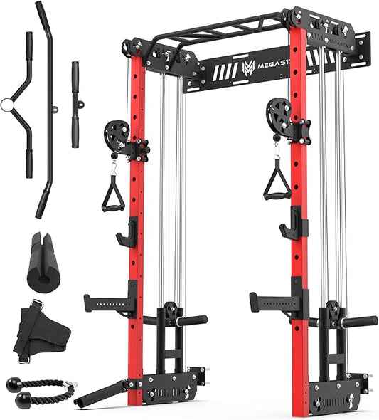 Wall Mounted Power Rack – 1600LB Capacity Compact Commercial Home Gym with Dual Cable Crossover, LAT Pulldown, Multi-Grip Pull-Up Bar & Landmine Attachment for Small Spaces, P67 Striker Red-StrideForce Fitness