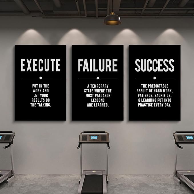 Framed Canvas Wall Art Success Quote, Office Wall Art, Black Large Poster, Positive Motivational Set of 3 Prints, Execute Failure Definition, Inspirational Print (A-3pcs,20x30inchx3pcs)-StrideForce Fitness