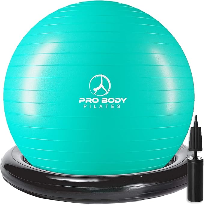 ProBody Pilates Yoga Ball Chair, Exercise Ball Chair with Base or Stand for Home Office Desk Sitting or Workout, 65cm Antiburst Balance & Stability Ball Seat, Large Gym Ball for Back, Abs-StrideForce Fitness