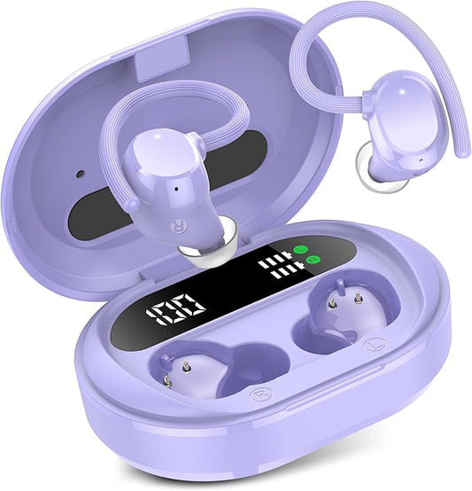 Wireless Earbuds, 2023 New Ultralight Sport Bluetooth 5.3 Headphones In Ear with LED Display, Built-in Mic Earphones, IPX7 Waterproof Wireless Headphones with Earhooks for Gym Workout (Purple)-StrideForce Fitness
