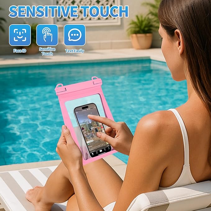 Large Waterproof Phone Pouch [with Sealing Strip], Cell Phone Dry Bag for iPhone 16 15 14 13 Pro Max Galaxy S25 S24 S23 All Devices, Floating Water Proof Bag for Beach Water Park Pink-StrideForce Fitness