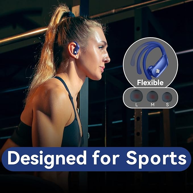 bmani Ear Buds Wireless Earbuds Bluetooth Headphones with 80H Playtime LED Display Case, Over-Ear Hook with Mic, Stereo Sound, Easy Button Controls, Sports Earphones for Running Workout Gym Blue-StrideForce Fitness