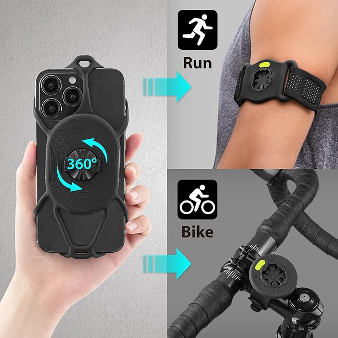 BONE Run + Bike Tie Connect Kit 2, 2-in-1 Running & Bike Phone Holder, Detachable & Rotatable 360° Sport Armband & Phone Mount Compatible with Most Smartphones (Stem/Armband 2-in-1 Connection Kit)-StrideForce Fitness