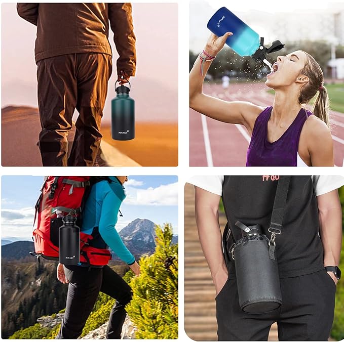 Water Bottle Insulated 32oz 40oz 64oz 128oz Straw Lid Spout Lid & 3 Lids, Leak Proof, Vacuum Insulated,Stainless Steel Water Bottle Wide Mouth for Sports, Gym or Office-StrideForce Fitness