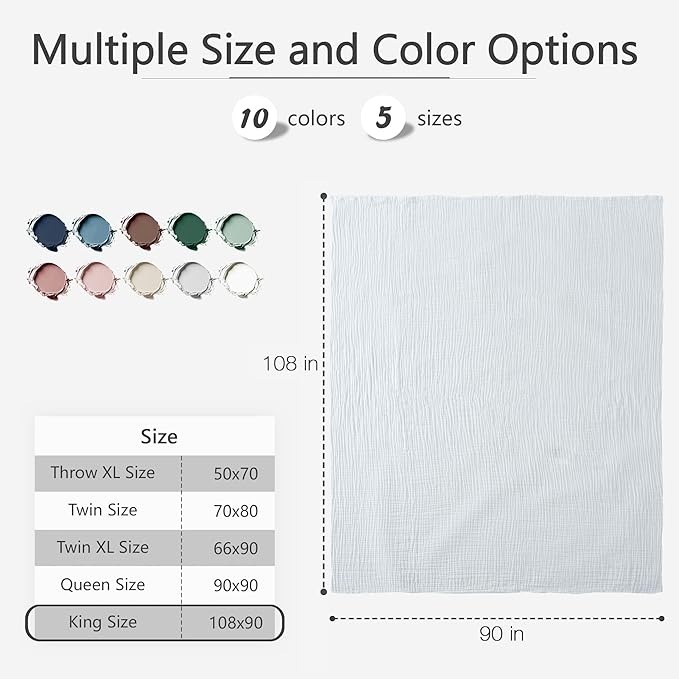 Carriediosa 100% Cotton Muslin Throw Blanket 108" X 90" King Size，4-Layers Summer Gauze Throws for Bed Couch，Soft Lightweight Breathable Linen Blankets Bedspread for Adults All Season，White-StrideForce Fitness