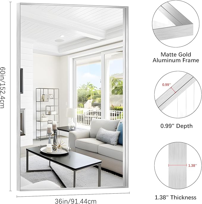 Silver Bathroom Mirror, 36x60 Inch Rectangular Deep Frame Mirror, Large Wall Mounted Bathroom Vanity Mirror Over Sink for Bedroom,Restroom, Living Room, Hangs Vertically or Horizontally-StrideForce Fitness