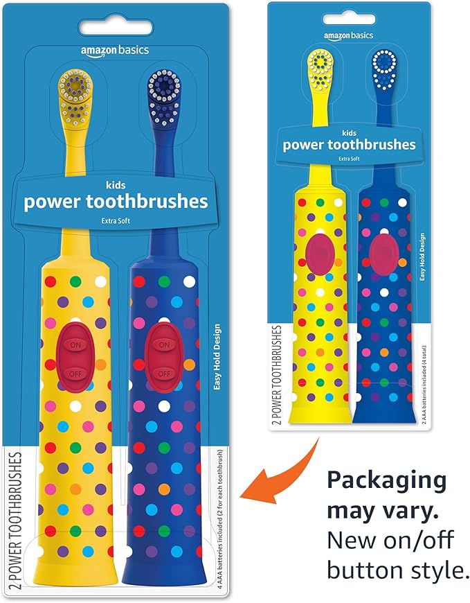 Amazon Basics Kids Battery Powered Toothbrush, 2 Count, 1 Pack (Previously Solimo)