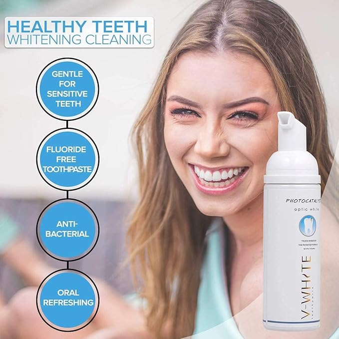 V-White Foam Teeth Whitening Toothpaste - Organic Toothpaste Fluoride Free, Alcohol Free, pH Balanced - Deep Cleansing, Stain Removal, Travel Friendly, for Kids & Adults (Large, Natural)
