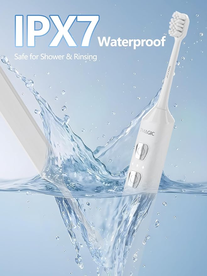 7MAGIC Sonic Electric Toothbrush for Adults and Kids - Up to 180 Days Runtime, 42000 VPM Powered Toothbrush, 5 Modes & 3 Intensities for Sensitive Teeth & Braces, Includes 8 Brush Heads, White
