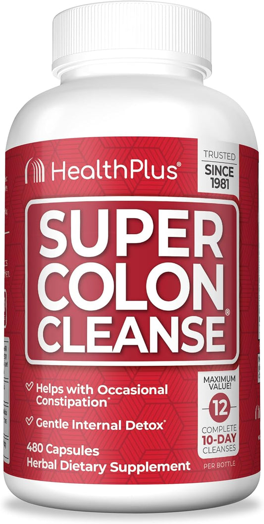 Health Plus Super Colon Cleanse 120 Day Supply of Gentle Gut Cleanse Detox, Psyllium Husk, Probiotics for Constipation Relief & Digestive Support, 480 Capsules-StrideForce Fitness