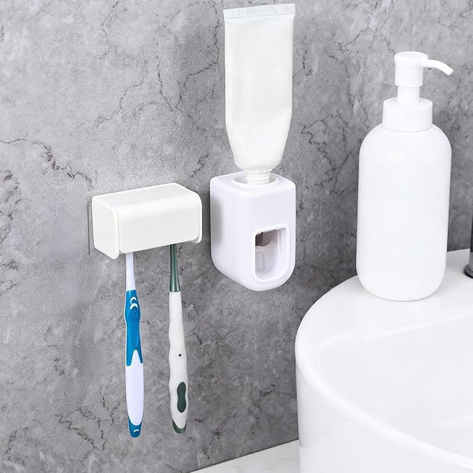 2 Slots Wall Mount Toothbrush Holder with Cover, Self Adhesive Toothbrush Storage Organizer for Shower Waterproof and Dustproof, with Automatic Toothpaste Squeezer Dispenser for Family & Travel