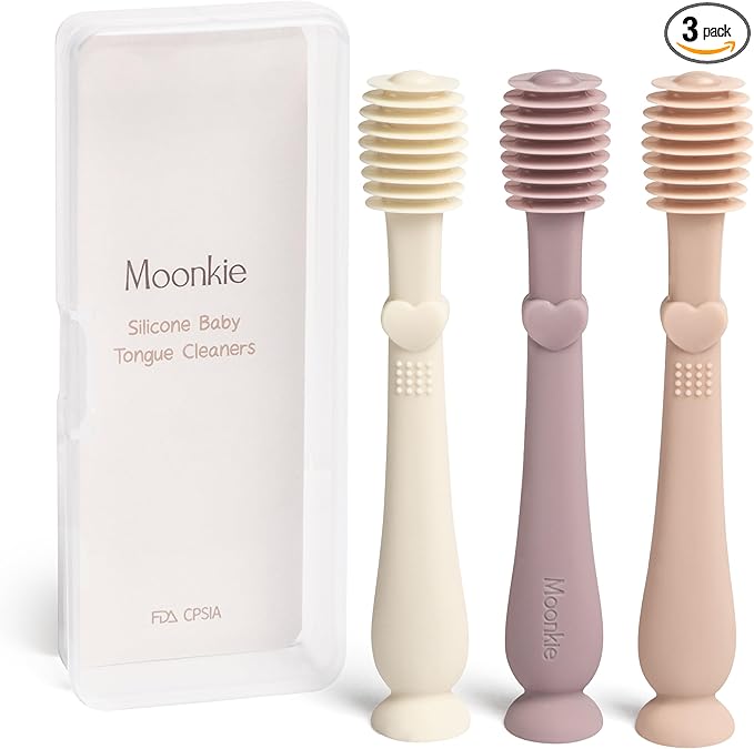 Moonkie Baby Tongue Cleaner, Toddler Toothbrush, Baby Oral Cleaner Newborn Kit for 3 Months+, 3 Pcs (Blush/Pale Mauve/Ivory)