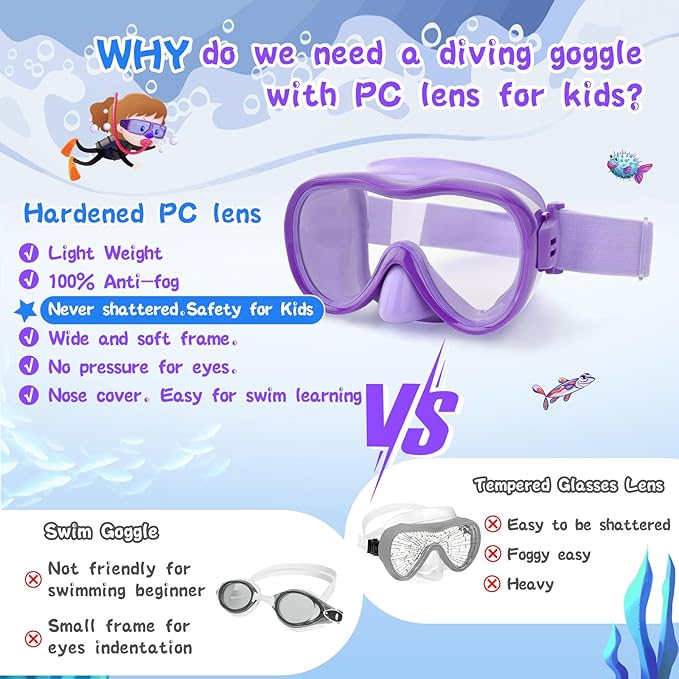 Kids Swim Goggles 180° Snorkel Diving Mask with Nose Cover, Anti-Fog Kids Swimming Goggles with Elastic Fabric Strap for Kids Boys Girls-StrideForce Fitness
