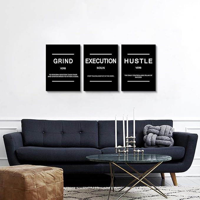 Framed Canvas Wall Art Success Quote, Office Wall Art, Black Large Poster, Positive Motivational Set of 3 Prints, Execute Failure Definition, Inspirational Print (B-3pcs,12x16inchx3pcs)-StrideForce Fitness