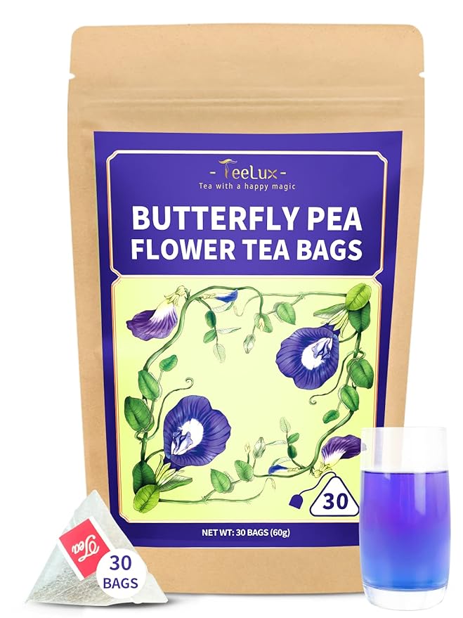 TeeLux Butterfly Pea Flower Tea Bags - Premium Dried Butterfly Pea Flower for Blue & Purple Drinks and Food Coloring, 30 Tea Bags