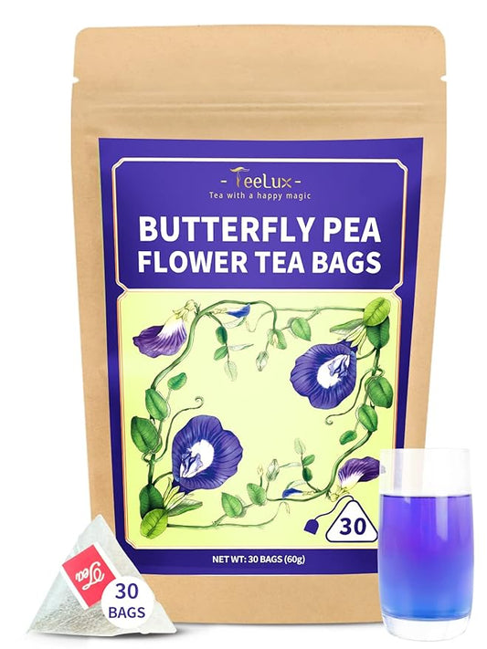 TeeLux Butterfly Pea Flower Tea Bags - Premium Dried Butterfly Pea Flower for Blue & Purple Drinks and Food Coloring, 30 Tea Bags
