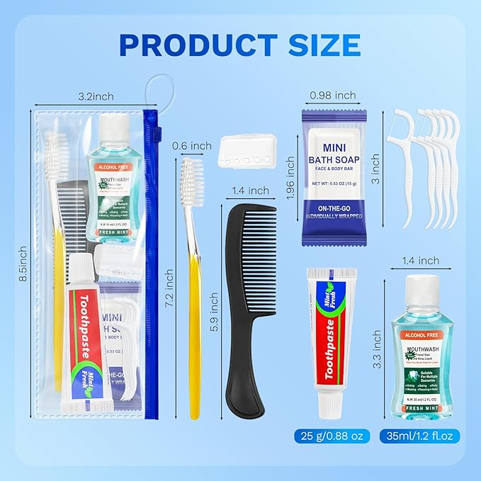Xuezoioy Personal Hygiene Kit Bulk Pack of 100,Yellow Basic Travel Toiletry Set Disposable Toothbrushes with Toothpaste Mouthwash Floss Comb Cover and Zip Bag for Homeless,Charity,Guests