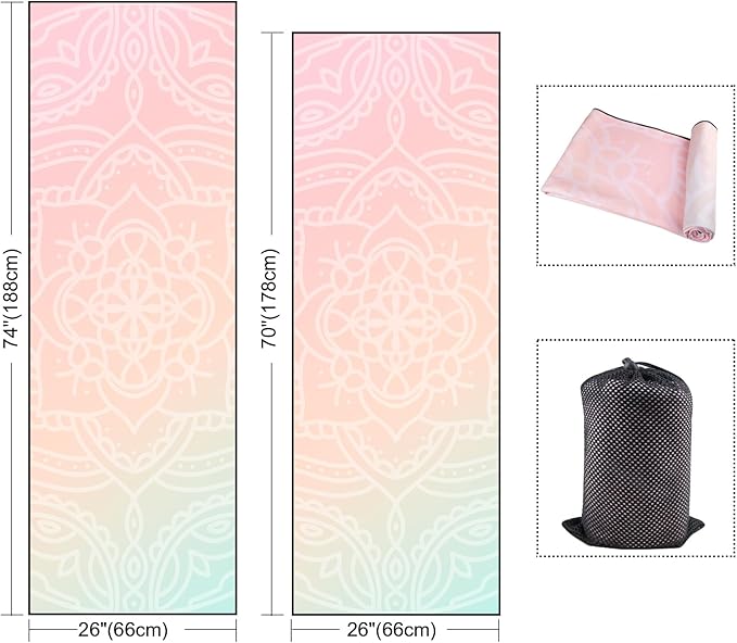 QiyI Yoga Mat Towel with Corner Pockets, Non Slip Sweat Absorbent Hot Yoga Towels, Soft Yoga Blankets with Travel Bag, Skidless Mat Cover for Workout, Gym, Fitness - 70"x26", Dreamy Pink Mandala-StrideForce Fitness