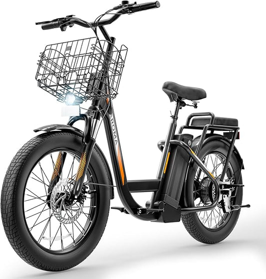 Caroma Electric Scooter with Seat, 48V Removable Battery E-Bike, Up to 30Miles&20MPH, 500/800/1200W Motor, 20" Fat Tire Adult Electric Bicycles for Commuting with Basket-StrideForce Fitness