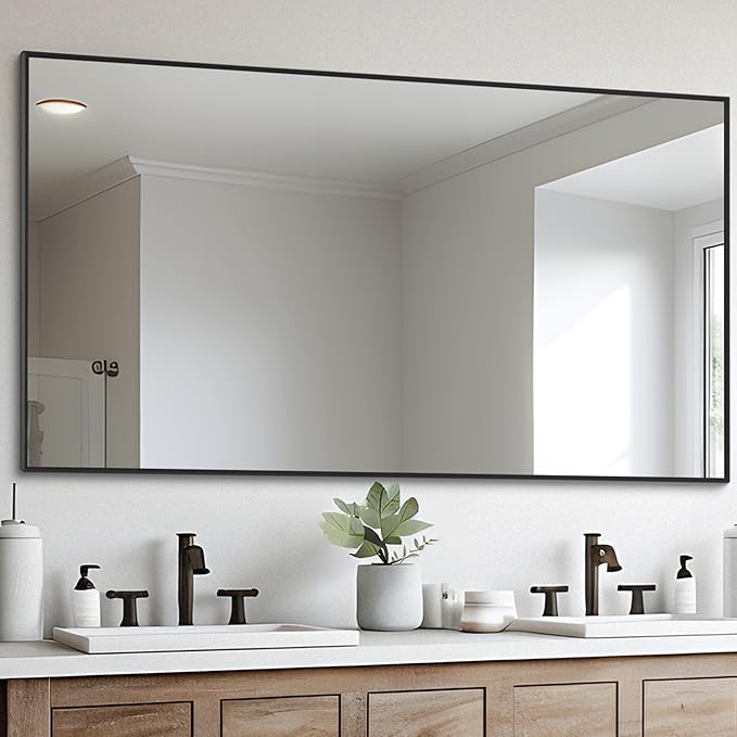 Black Bathroom Mirror for Wall, 30x55 Inch Rectangle Mirrors with Metal Frame, Modern Vanity Wall Mirror Decor for Entryway Hangs, Bathroom Living Room Horizontal or Vertical-StrideForce Fitness