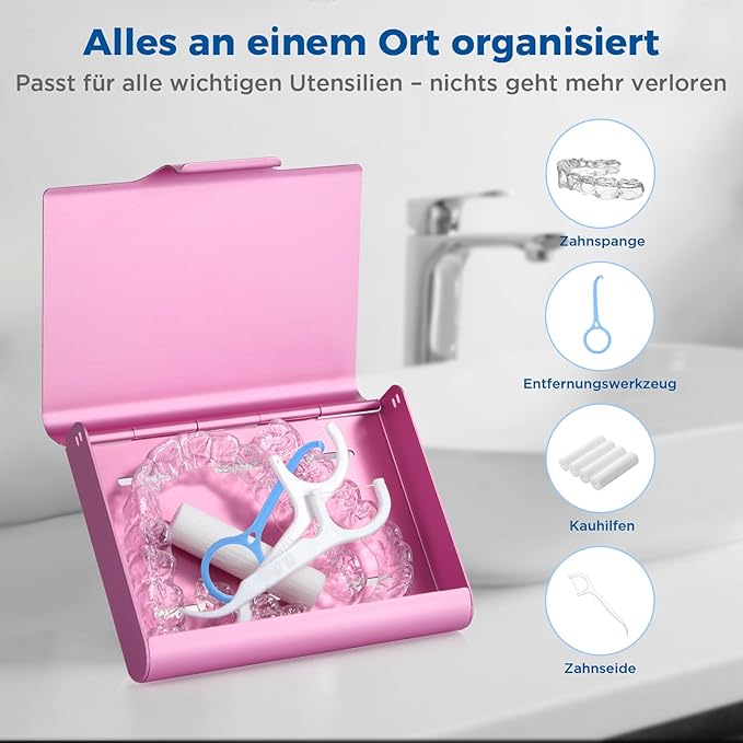 Aluminum Retainer Case for Invisalign Aligners, Partial Mouth Guard Case Denture Retainer Container Case Holder with Vent Holes, Slim Orthodontic Aligner Case for Traveling-1 Pack Pink