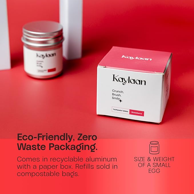 Kalyaan Kids Toothpaste Tablets with Fluoride | Whitening, Sensitivity Relief & Cavity Protection | Chewable, Plastic-Free, Travel-Friendly - Strawberry, 90 Count, Made in USA